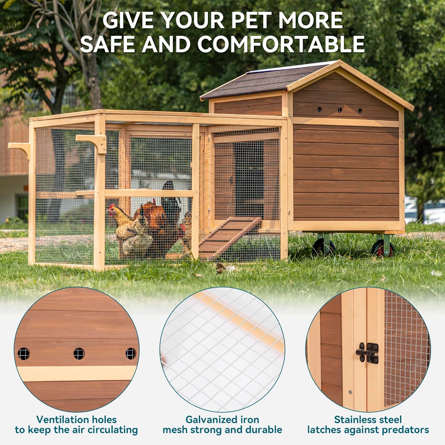 Large Chicken Coop Tractor Hen House Outdoor Waterproof Poultry Cage with Nesting Box Wheels W427