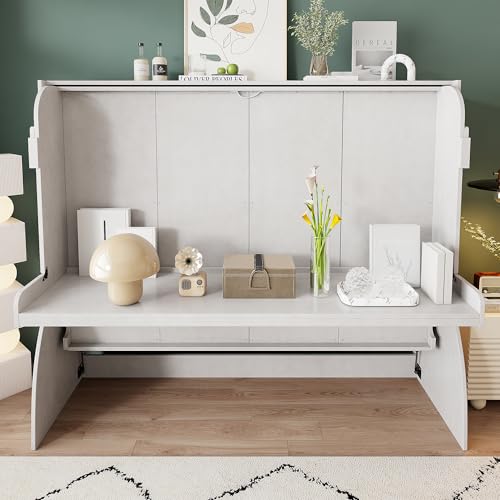 Antique White Solid Wood Full Size Murphy Bed with Desk and Storage Shelves E534828