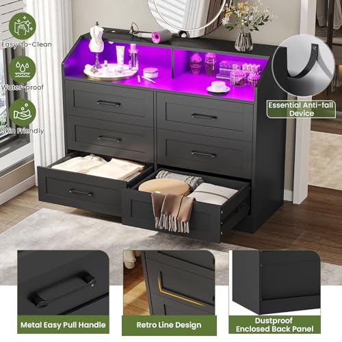 White 6 Drawers Wood Dresser with LED Lights and Charging Station C8955