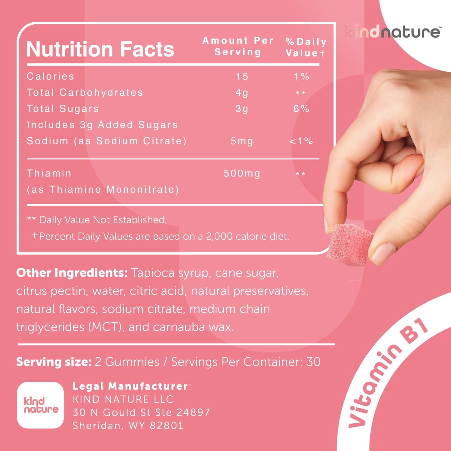 Vitamin B1 Gummies Chewable Thiamine 500mg Non GMO Vegan Natural Strawberry Flavor X754