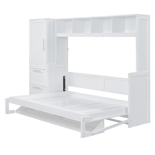 White Solid Wood Full Size Murphy Bed with Closet and Drawers O994282