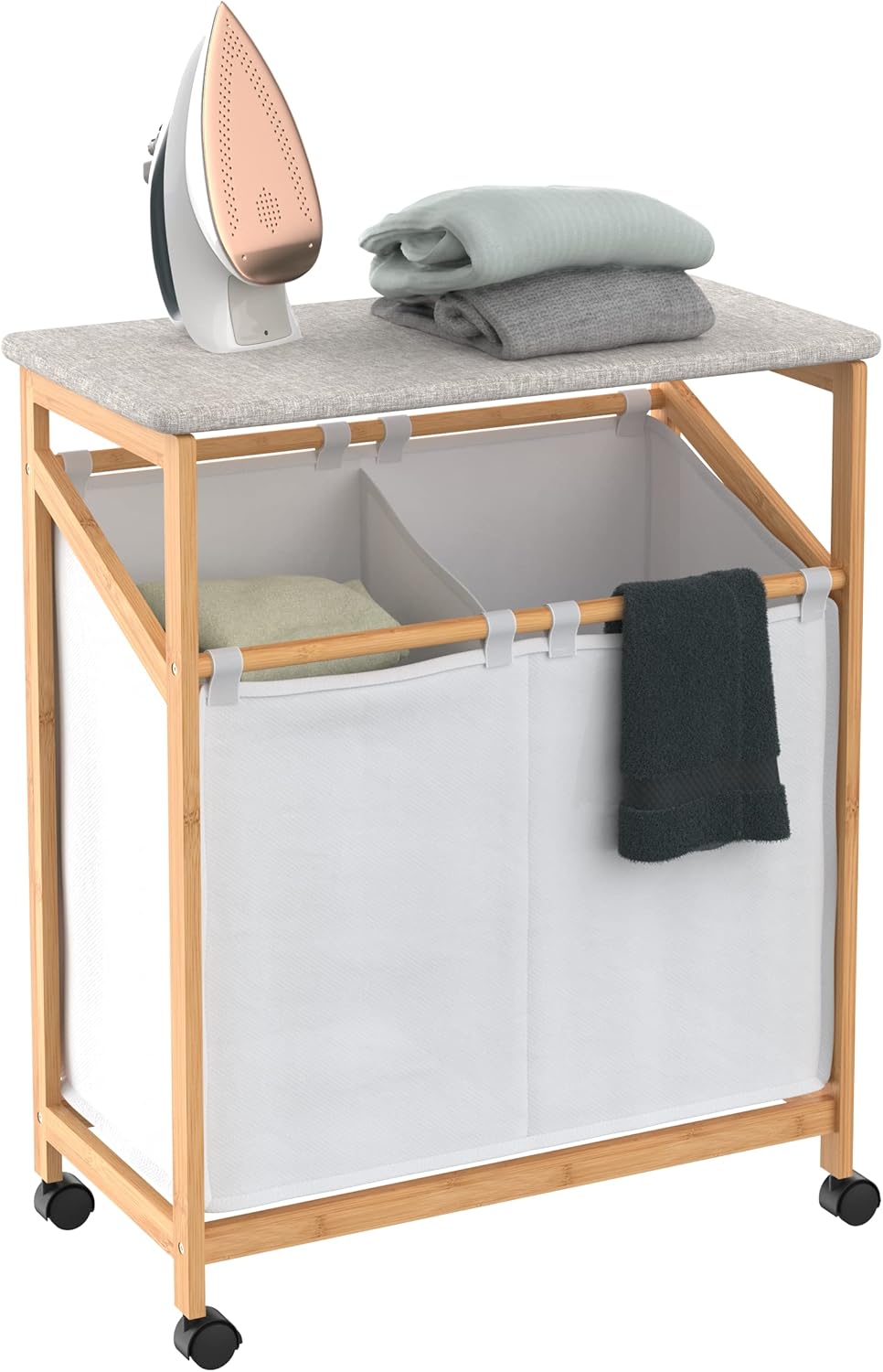 Bamboo Laundry Hamper Cart with Ironing Board Folding Station, Dual Compartments with Divider, Natural Finish B363