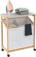 Bamboo Laundry Hamper Cart with Ironing Board Folding Station, Dual Compartments with Divider, Natural Finish B363