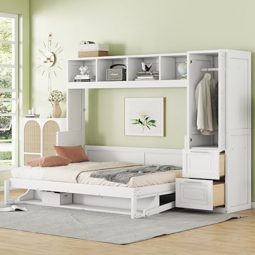 White Solid Wood Full Size Murphy Bed with Closet and Drawers O994282