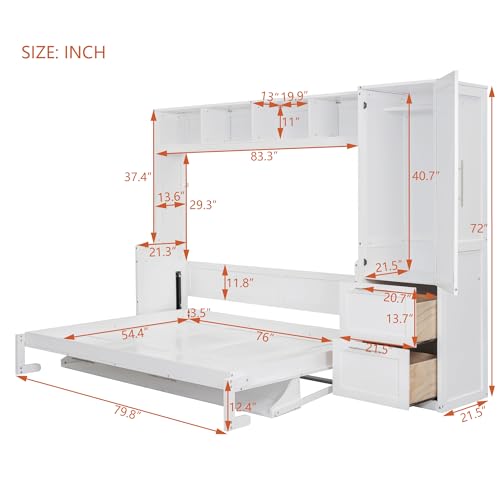 White Solid Wood Full Size Murphy Bed with Closet and Drawers O994282