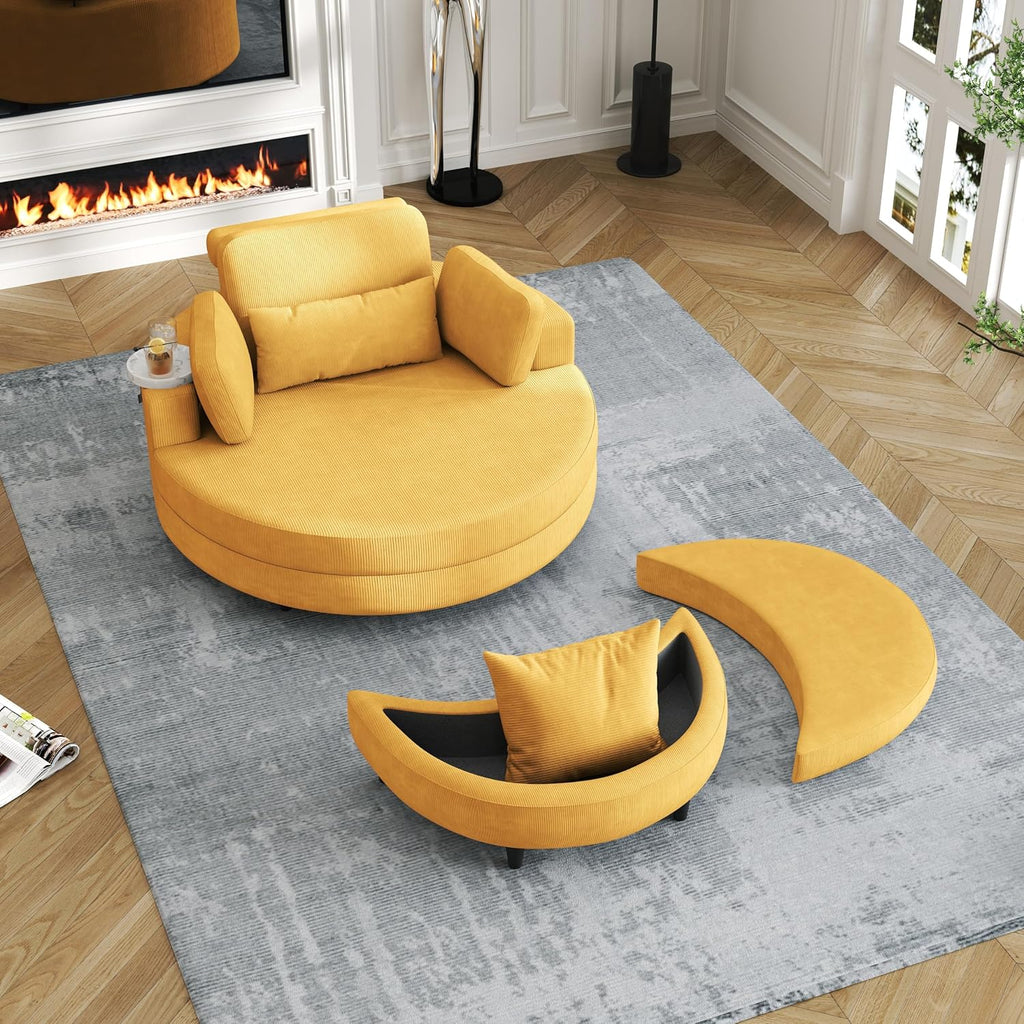 Oversized Corduroy Barrel Armchair with Adjustable Headrest, 4 Pillows, Storage Ottoman & Removable Tray V820634