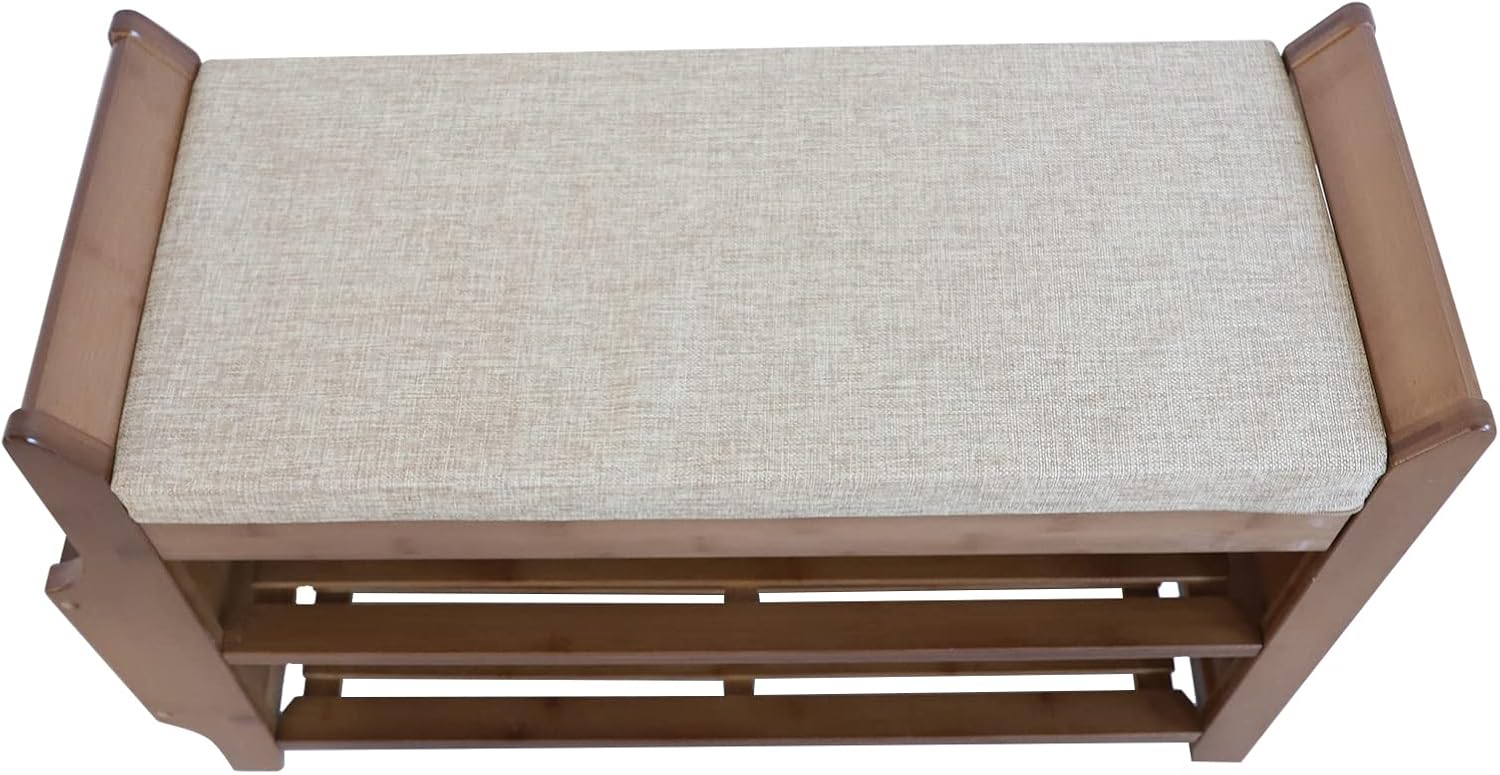 2 Tier Bamboo Shoe Bench with Seat Cushion L766