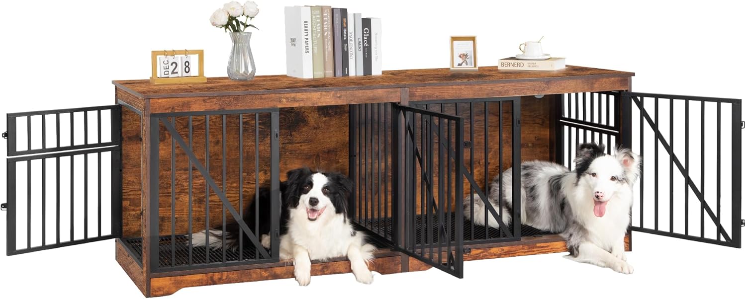 Brown Wood Dog Crate Furniture with Divider N94218