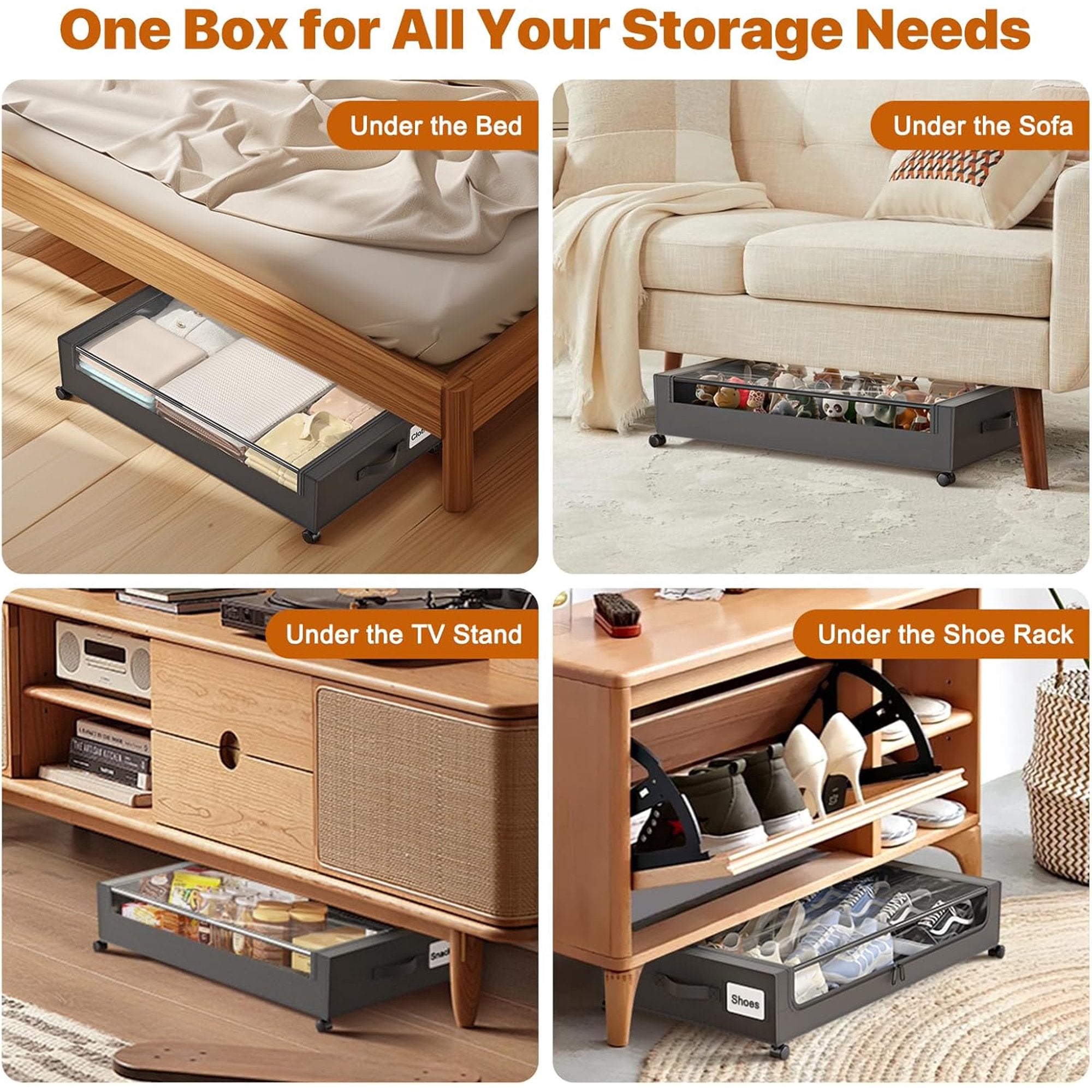White 4 Pack 60L Under Bed Storage Bins with Wheels and Clear Lids J28832