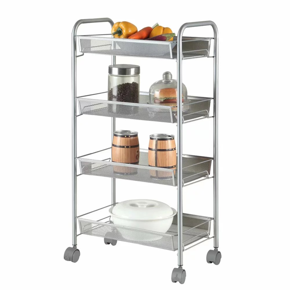 4 Tier Slim Storage Cart Mobile Shelving Unit Organizer Rolling Utility Cart Tower Rack Plastic Stainless Steel Silver N262635