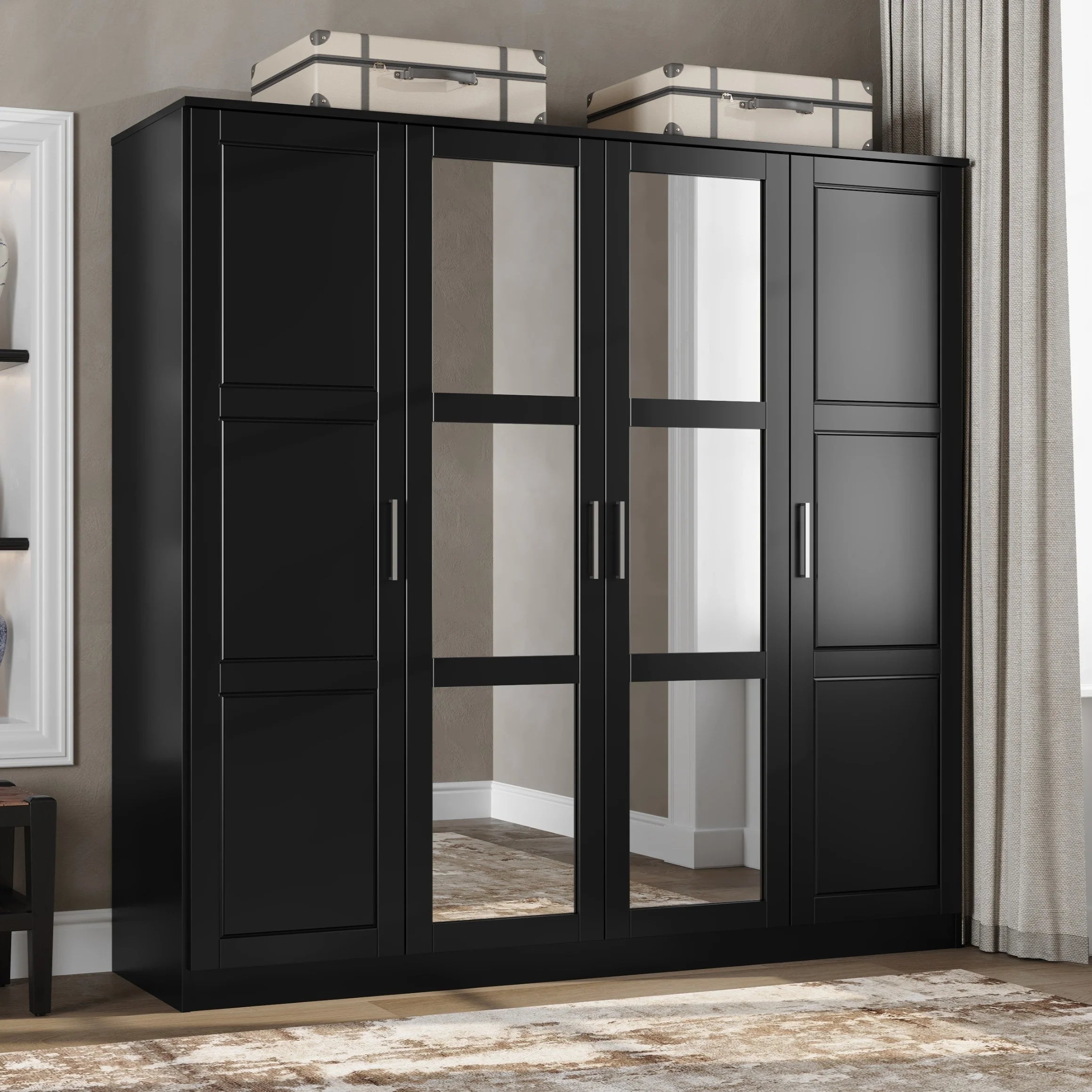 100% Solid Wood 4-Door Wardrobe Black O686791