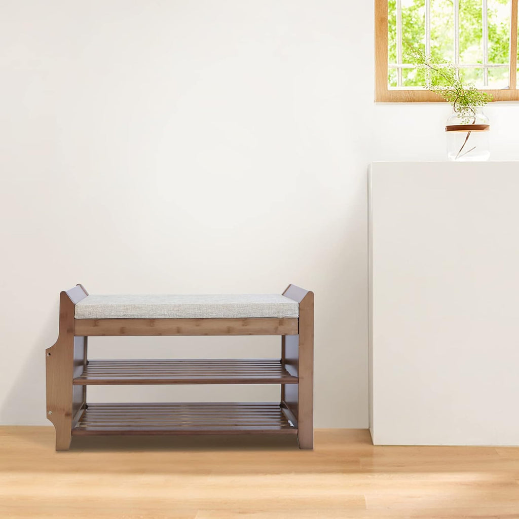 2 Tier Bamboo Shoe Bench with Seat Cushion L766
