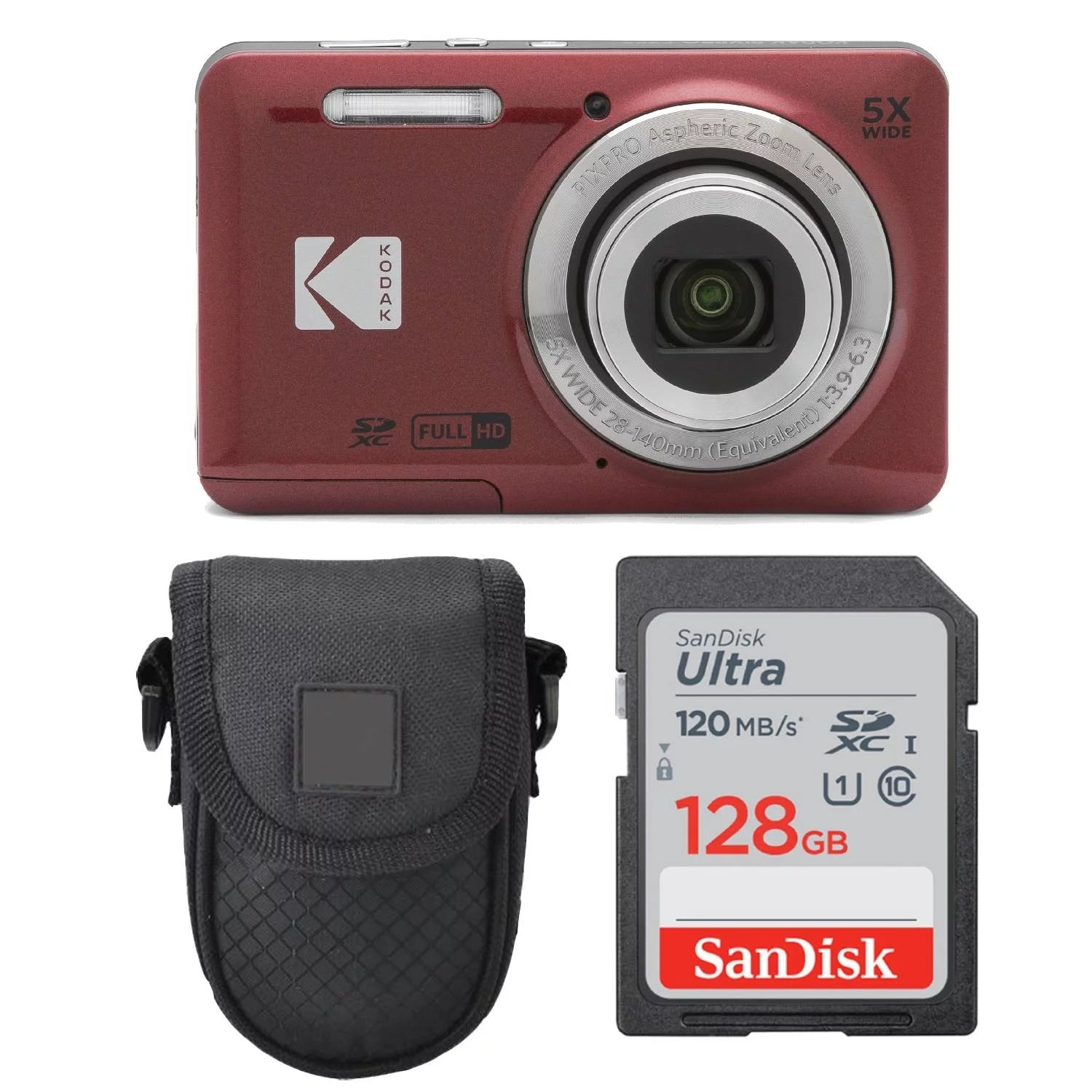 Red Digital Camera with 128GB SDXC Memory Card and Case J7790