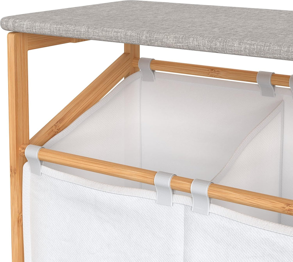 Bamboo Laundry Hamper Cart with Ironing Board Folding Station, Dual Compartments with Divider, Natural Finish B363