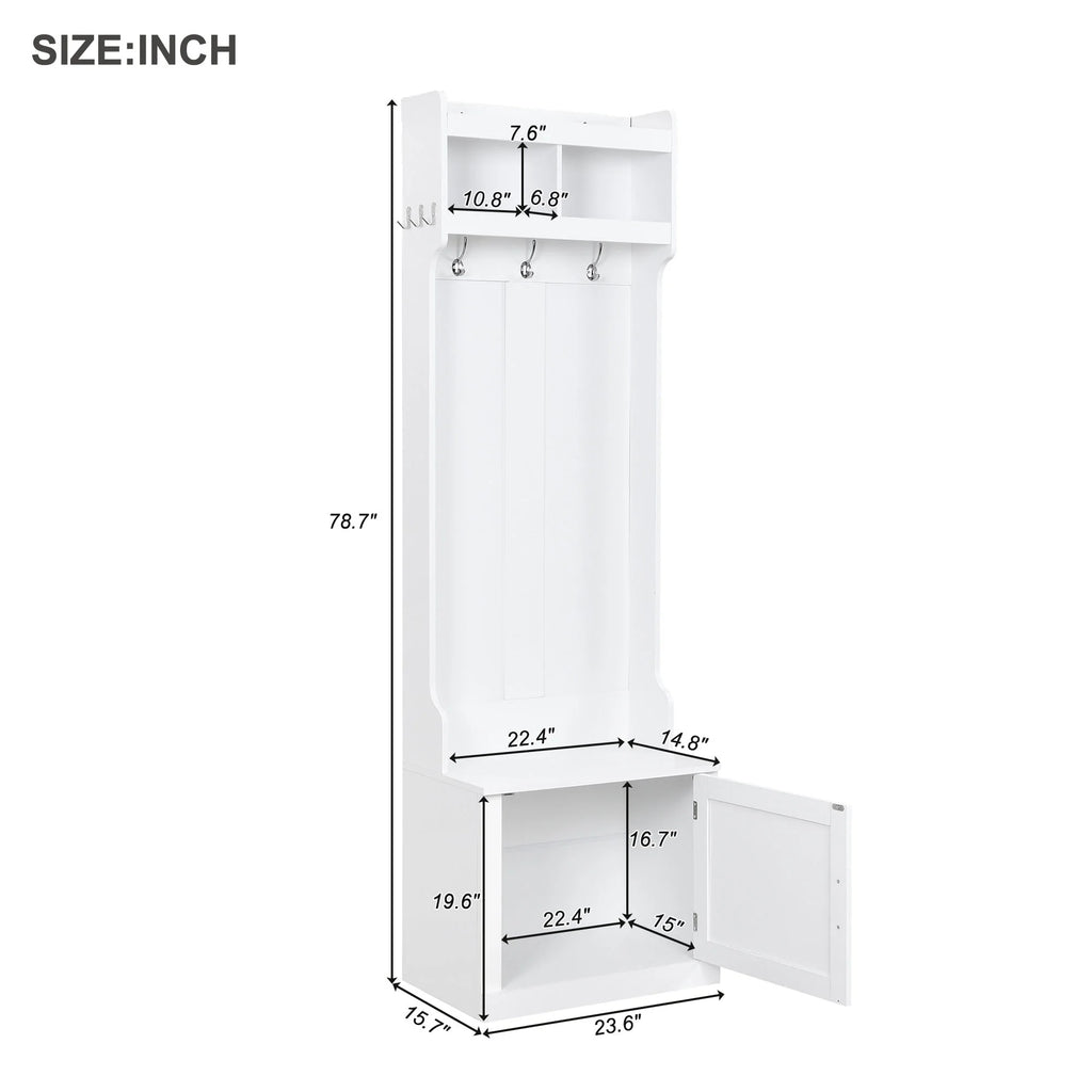 White Slim Hall Tree with Cabinet & 6 Hanging Hooks Storage Bench with Coat Rack K427