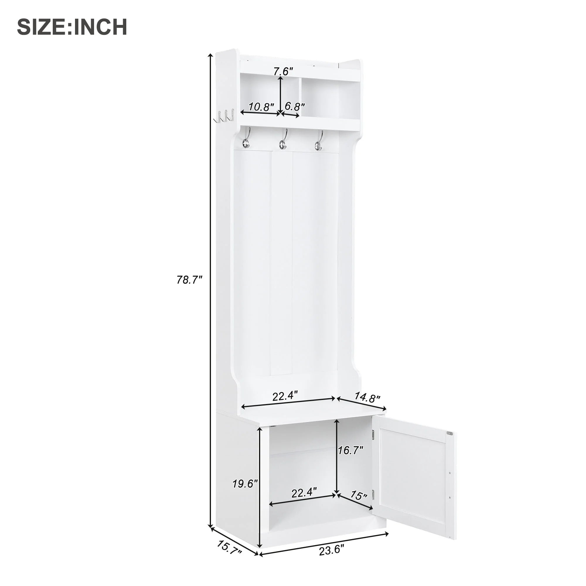 White Slim Hall Tree with Cabinet & 6 Hanging Hooks Storage Bench with Coat Rack K427