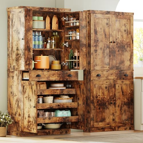 White 72" Tall Kitchen Pantry Cabinet with Sliding Storage Rack and 6 Hanging Shelves E2215
