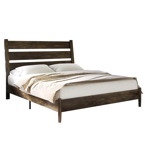 Dark Brown Solid Wood King Bed Frame with Slatted Headboard Z1678