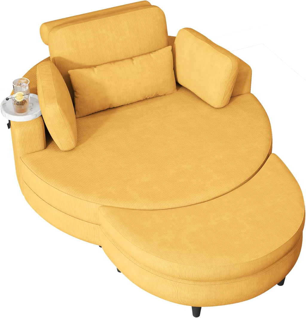 Oversized Corduroy Barrel Armchair with Adjustable Headrest, 4 Pillows, Storage Ottoman & Removable Tray V820634