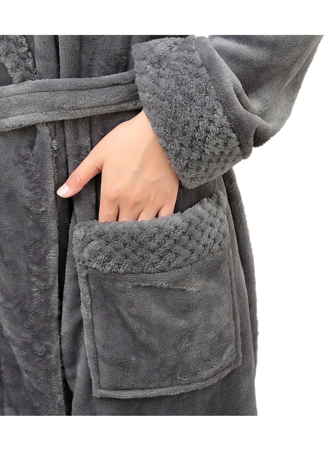 Grey Long Fluffy Fleece Bath Robe with Front Pocket and Adjustable Belt Q329