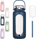 64oz Glass Water Bottle with Straw Time Marker Half Gallon 2L Dark Blue L22790