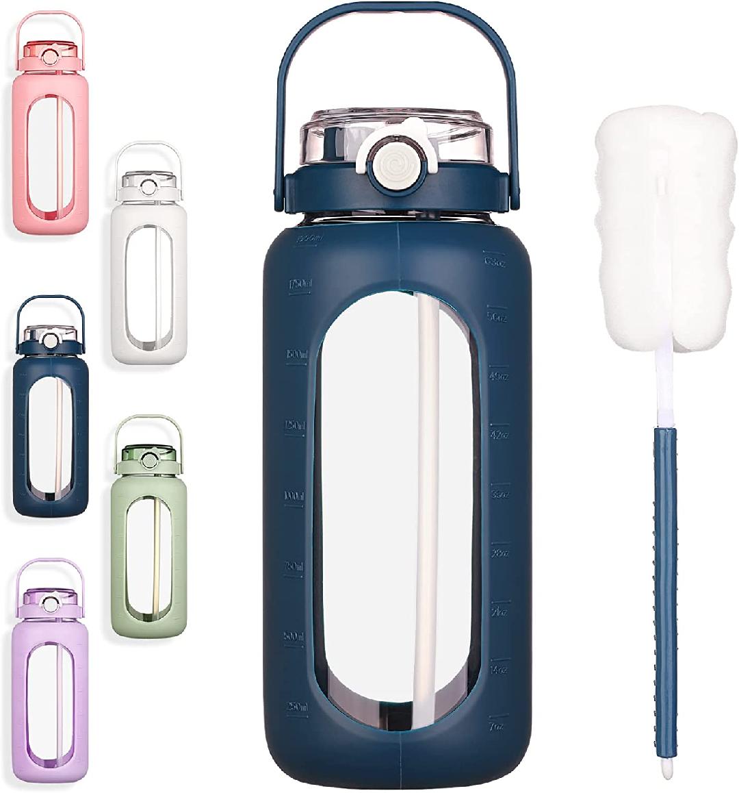 64oz Glass Water Bottle with Straw Time Marker Half Gallon 2L Dark Blue L22790