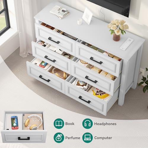 White 6-Drawer Wood Dresser with Power Outlet A752755
