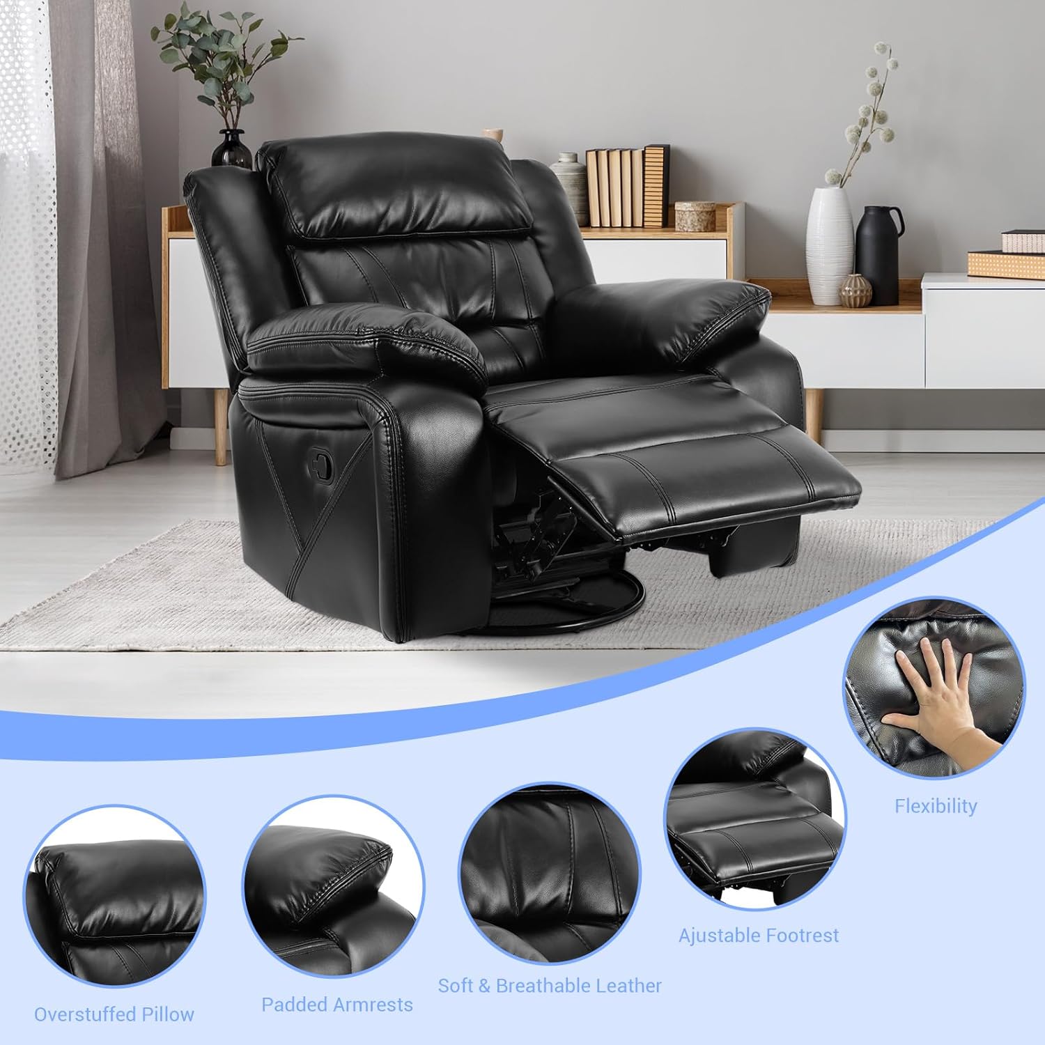 Black PU Faux Manual Swivel Rocker Recliner Chair Z47759