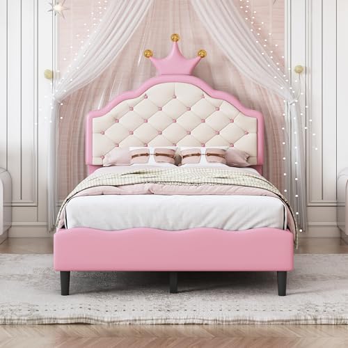 Twin Size Pink Upholstered Bed Frame with Tufted Headboard V584310