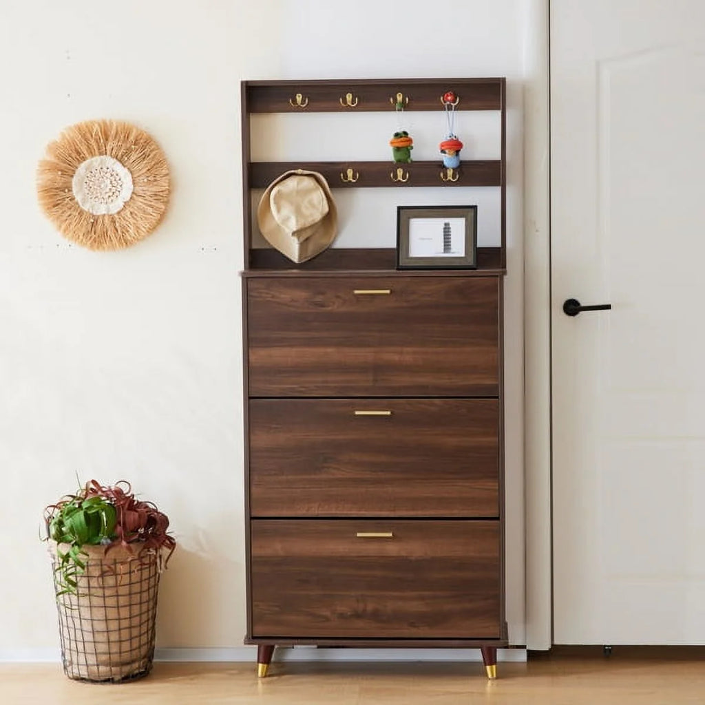 Brown Wardrobe Armoire Closet with 12 Hooks & 3 Shoe Cabinets G632