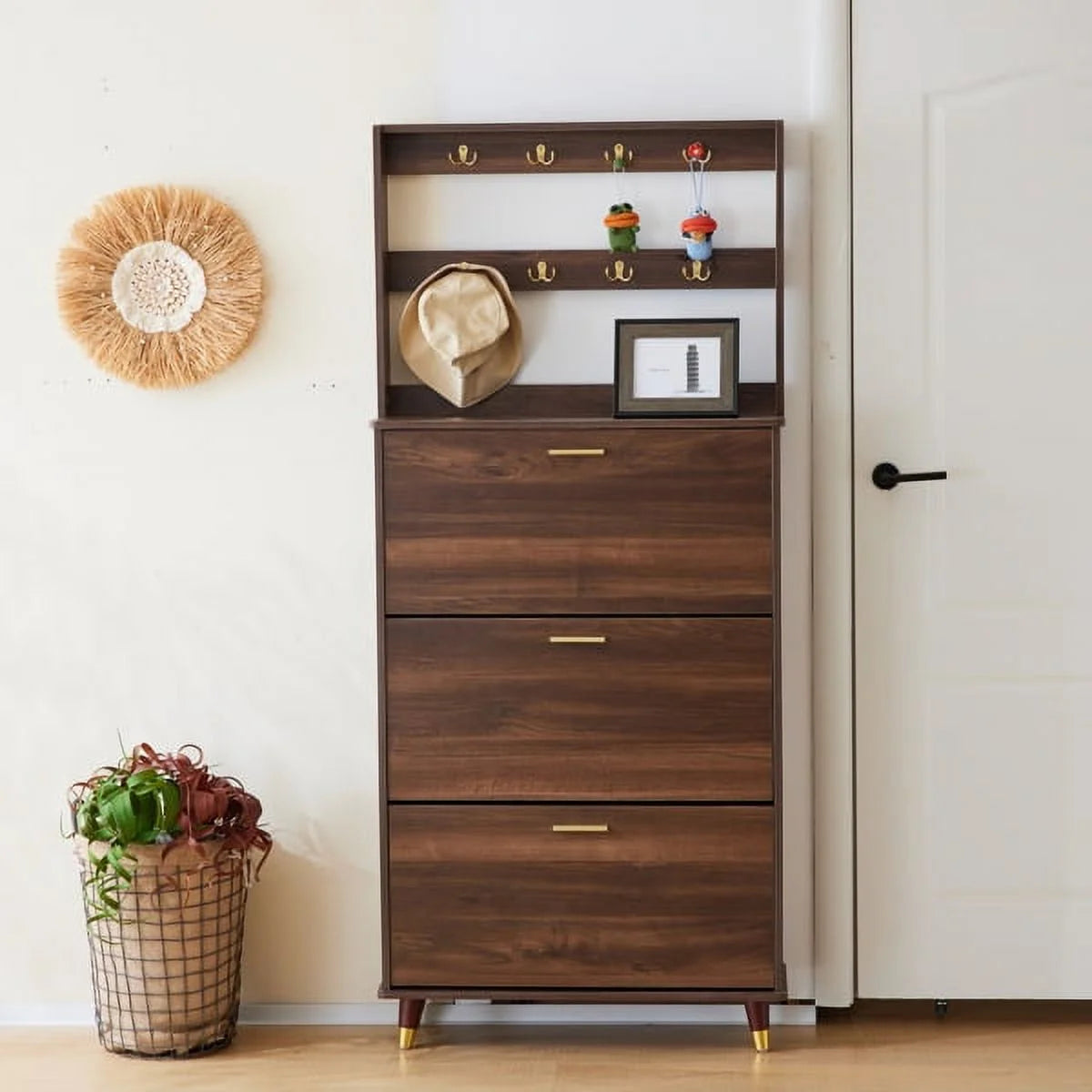 Brown Wardrobe Armoire Closet with 12 Hooks & 3 Shoe Cabinets G632