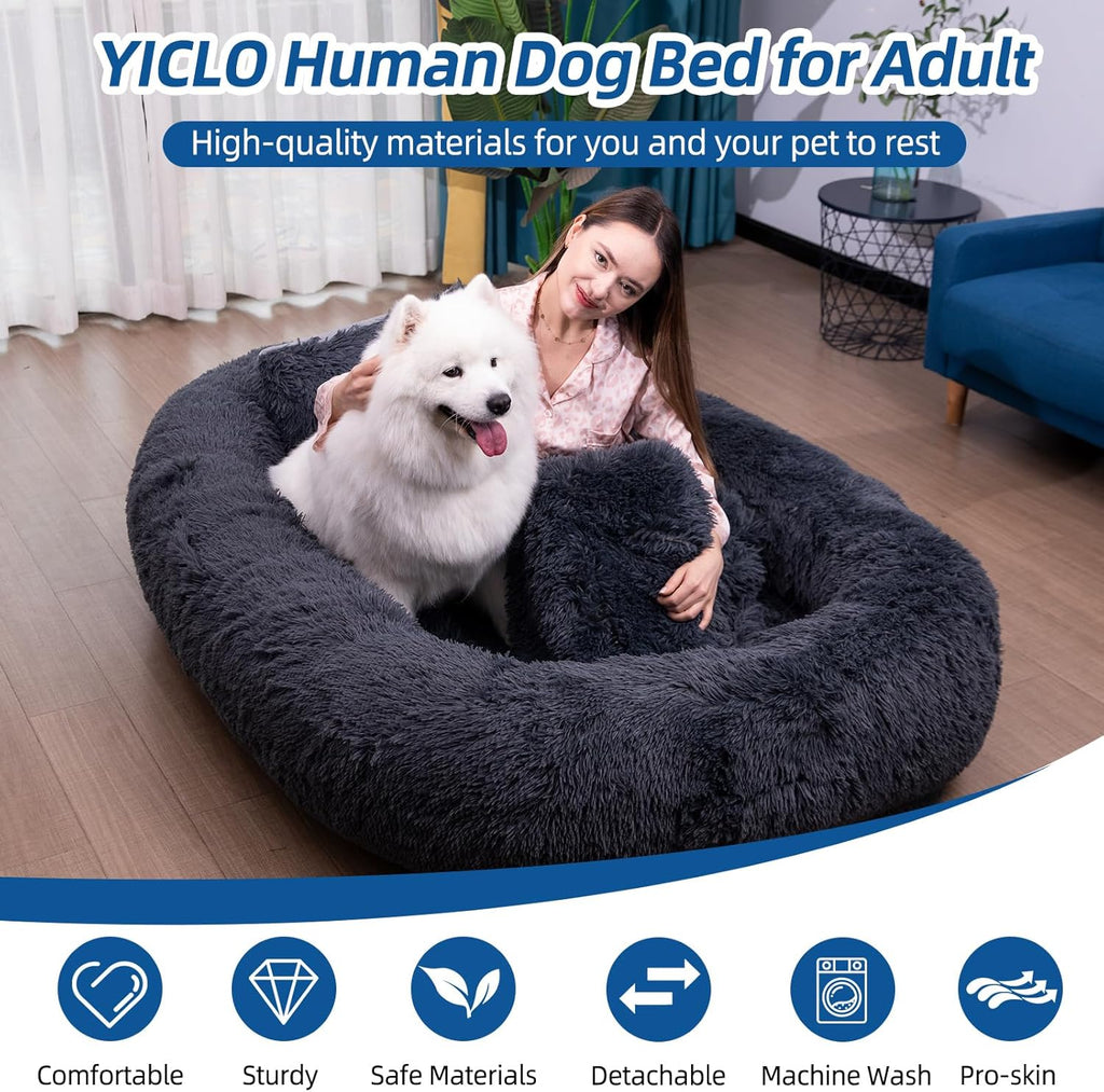 75"x48"x14" Dark Grey Faux Fur Human Size Dog Bed F443994