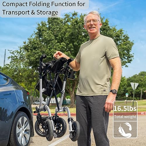 Lightweight Foldable All Terrain Rolling Walker with seat, Aluminum Walker with 10 inch Rubber Wheels P985668