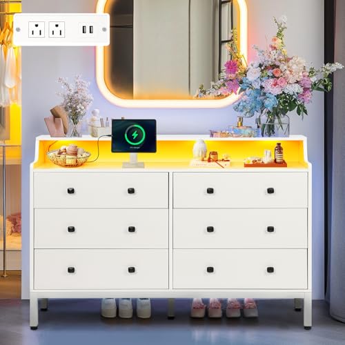 6 Drawer White Wood Dresser with Charging Station Y69934