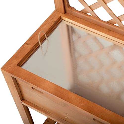 Outsunny Garden Potting Bench, Outdoor Wooden Workstation Table with Metal Screen, Drawer, Hooks, Storage Shelf, and Lattice Back E2159
