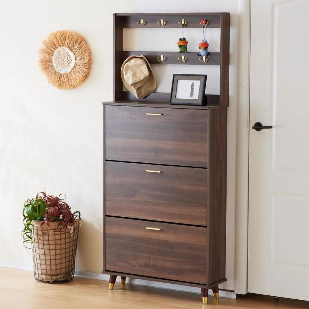 Brown Wardrobe Armoire Closet with 12 Hooks & 3 Shoe Cabinets G632