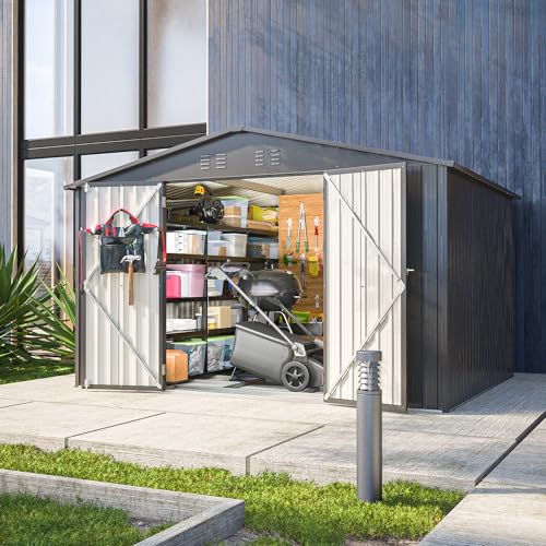 10X8 FT Metal Outdoor Storage Shed with Floor and Lockable Doors, Black Q115970