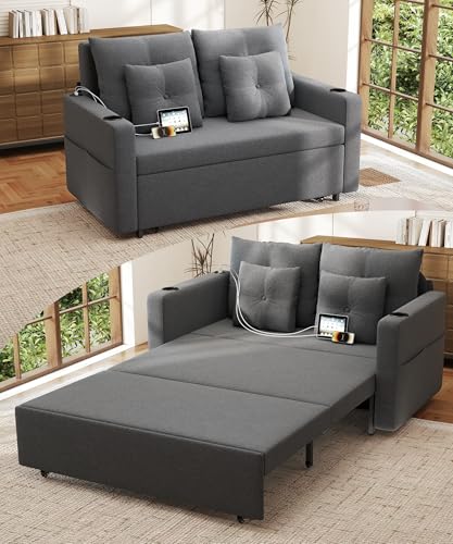 56 Inch Convertible Sleeper Sofa Bed with Cup Holders, Grey I2809