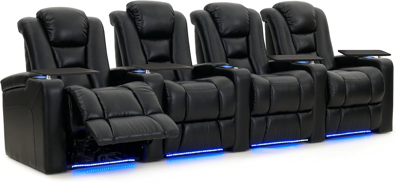 Black Bonded Leather Power Recline Row of 4 Home Theater Seats X162