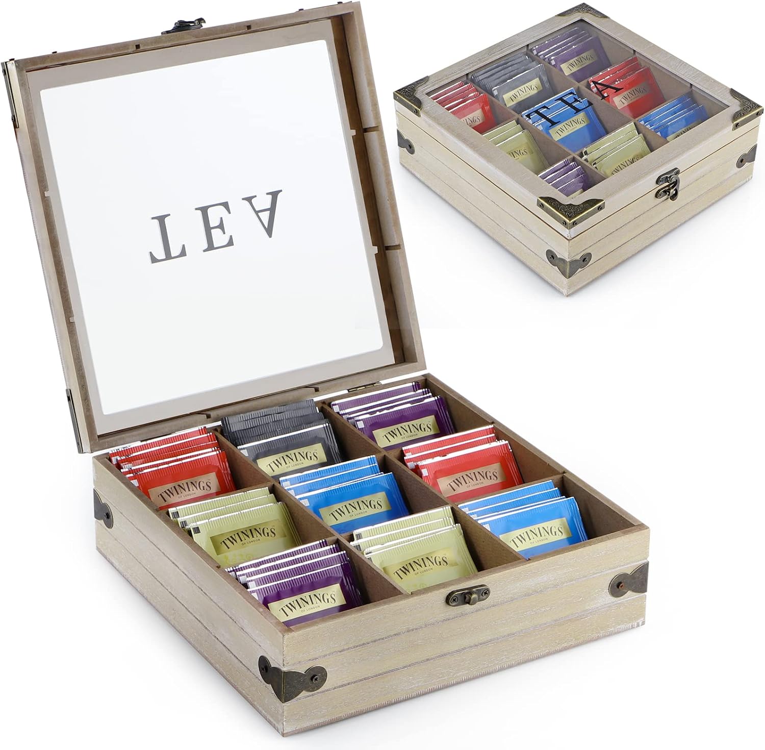 Wood Tea Box Organizer with Glass Lid, 9 Compartments U577197