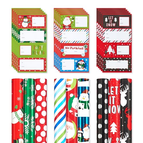 120 sq. ft. 4 Roll Christmas Wrapping Paper Set with 7 Adhesive Bows and 30 Gift Tag Stickers R283454