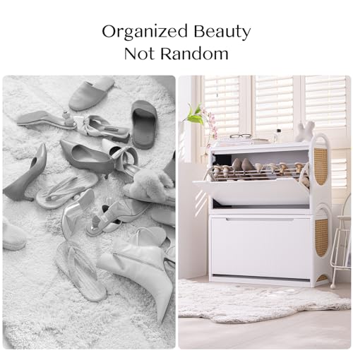 White Wooden Rattan Shoe Bench with Storage W590929