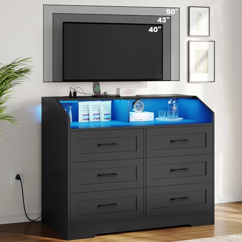 White 6 Drawers Wood Dresser with LED Lights and Charging Station C8955