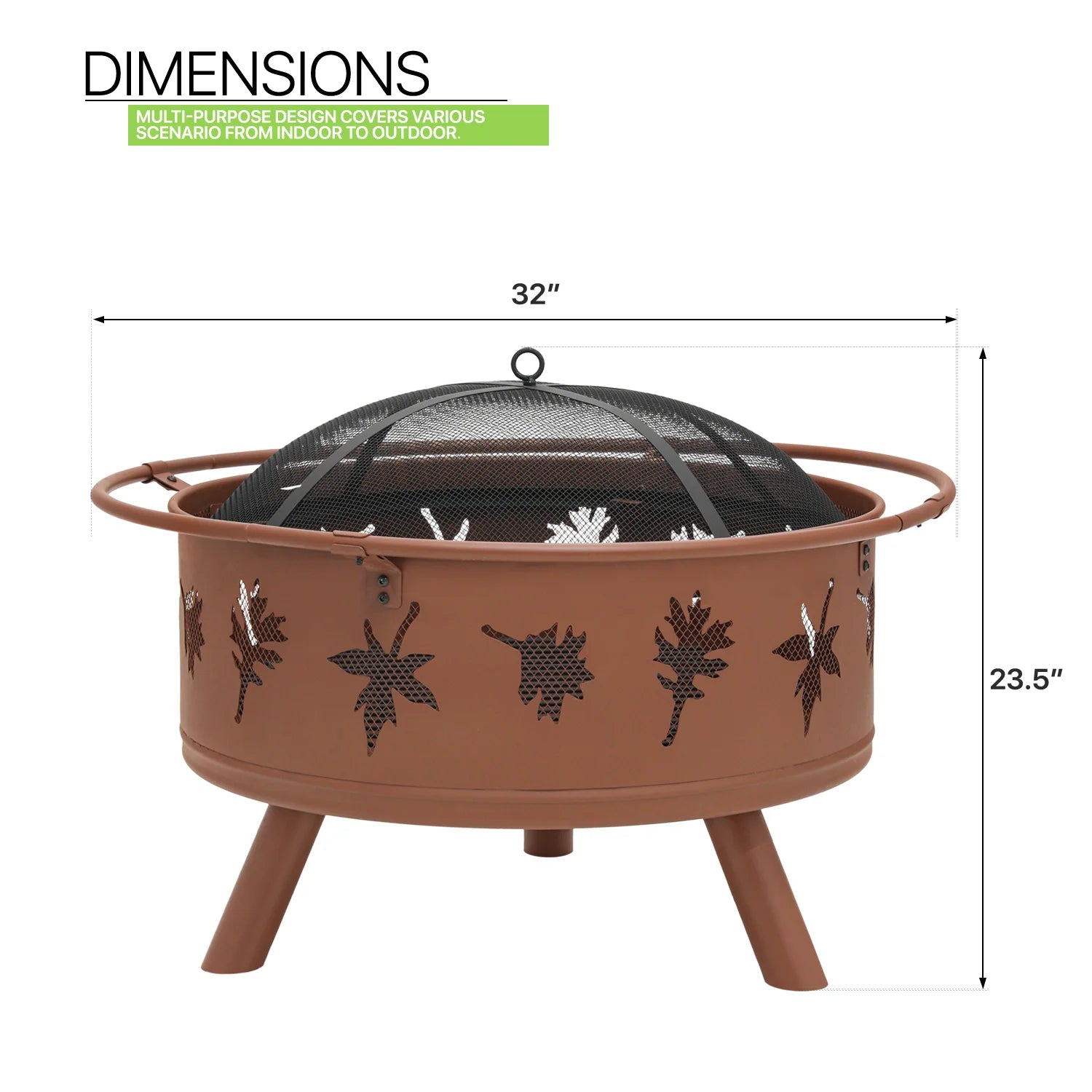 Brown Round Outdoor Fire Pit with Log Grate, Poker & Spark Screen W9427