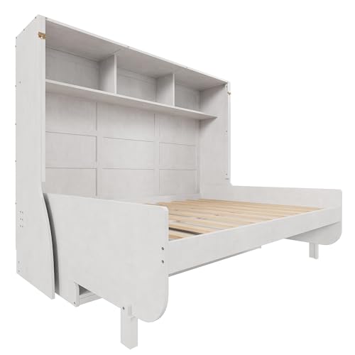 Antique White Solid Wood Full Size Murphy Bed with Desk and Storage Shelves E534828