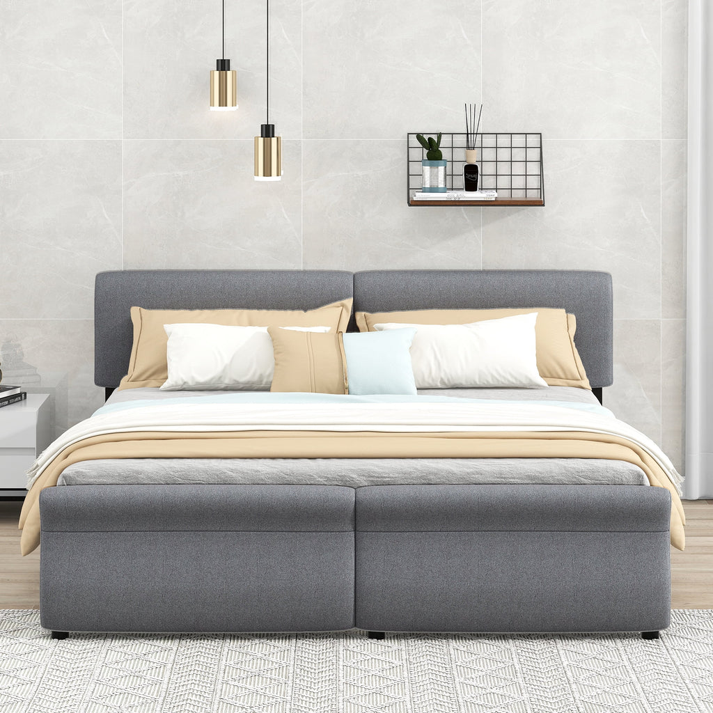 King Size Linen Upholstered Platform Bed with Headboard and 2 Drawers, Gray K495601