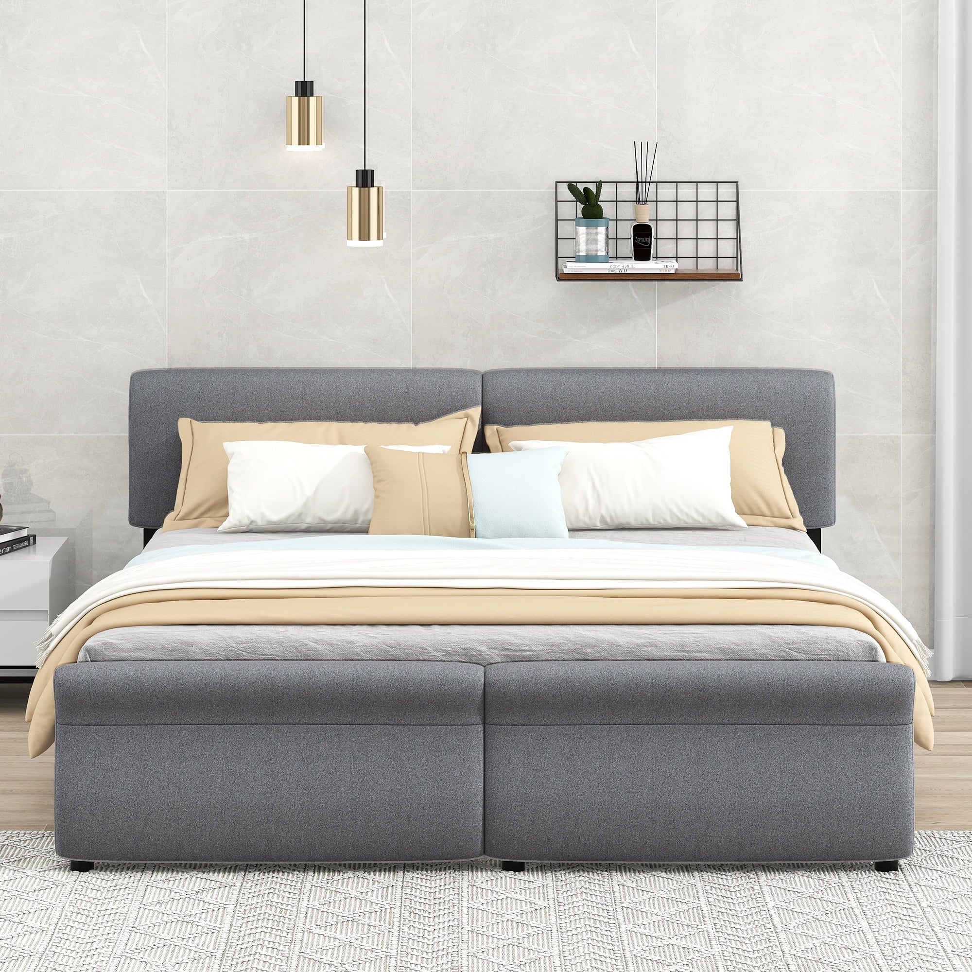 King Size Linen Upholstered Platform Bed with Headboard and 2 Drawers, Gray K495601