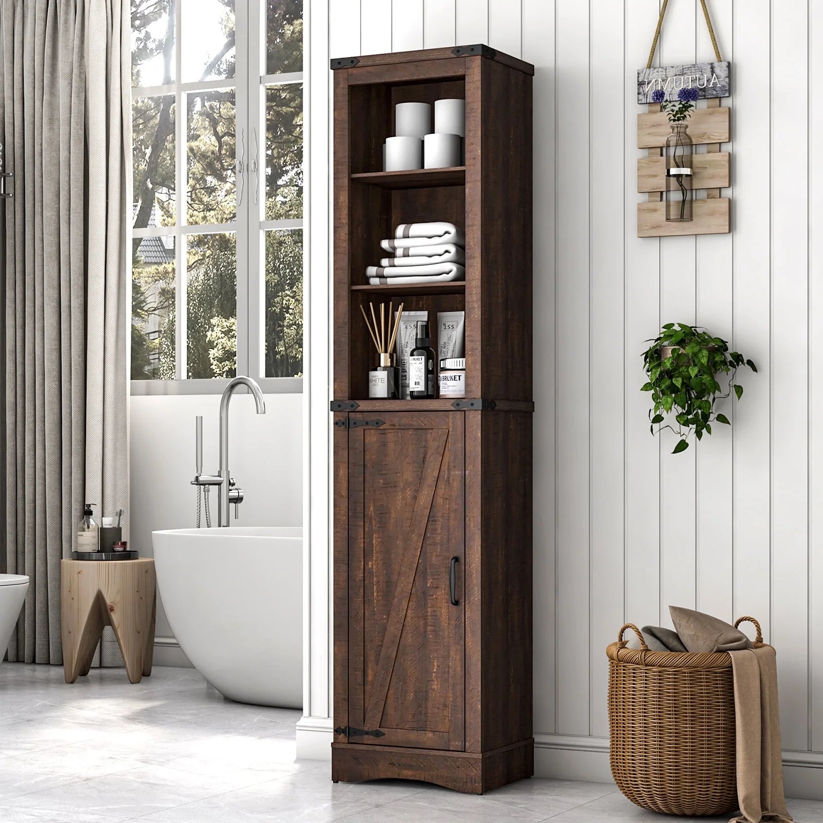 5-Shelf Tall Storage Cabinet with Barn Door and Adjustable Shelves, Brown A7885