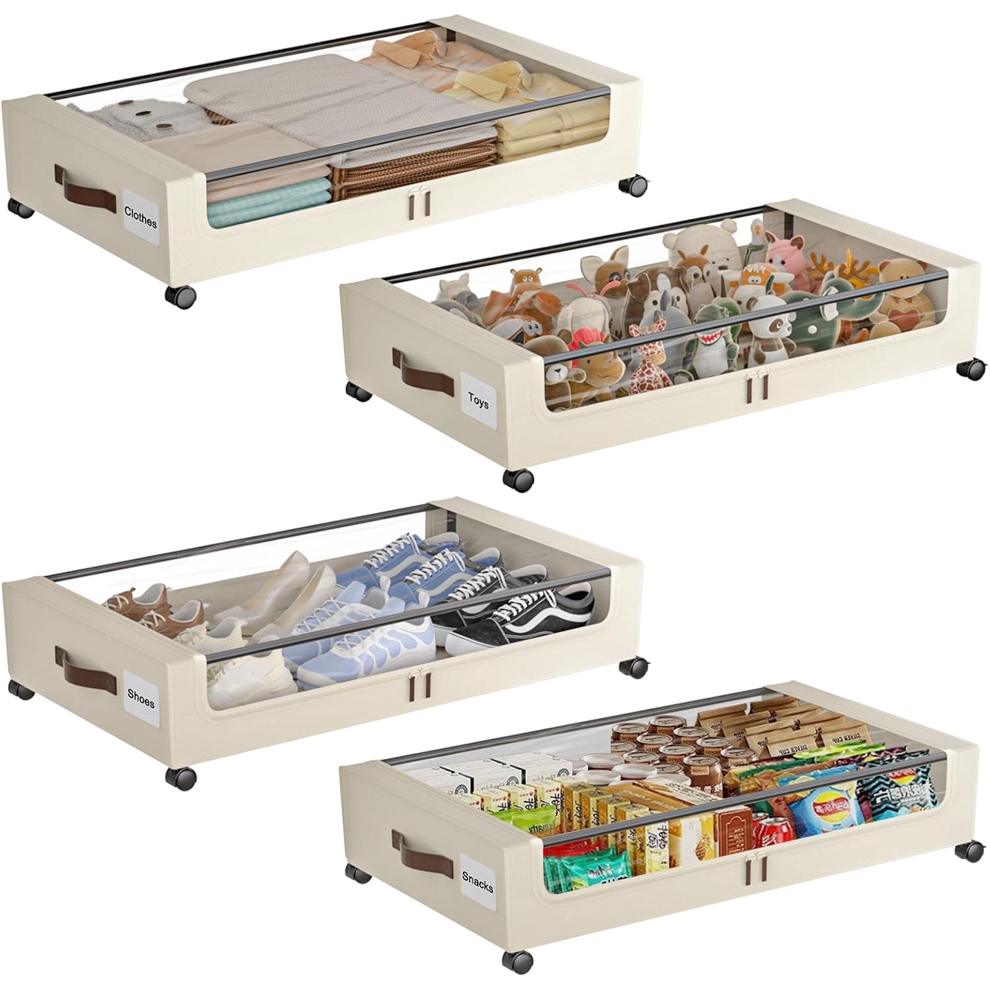 White 4 Pack 60L Under Bed Storage Bins with Wheels and Clear Lids J28832