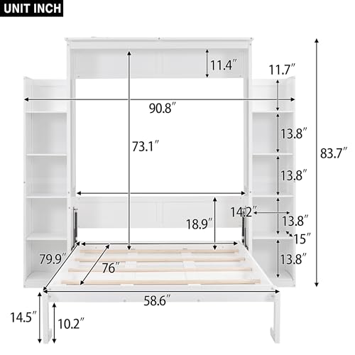 Queen Size Foldable Wood Wall Bed Frame with Shelves and LED Lights W867324